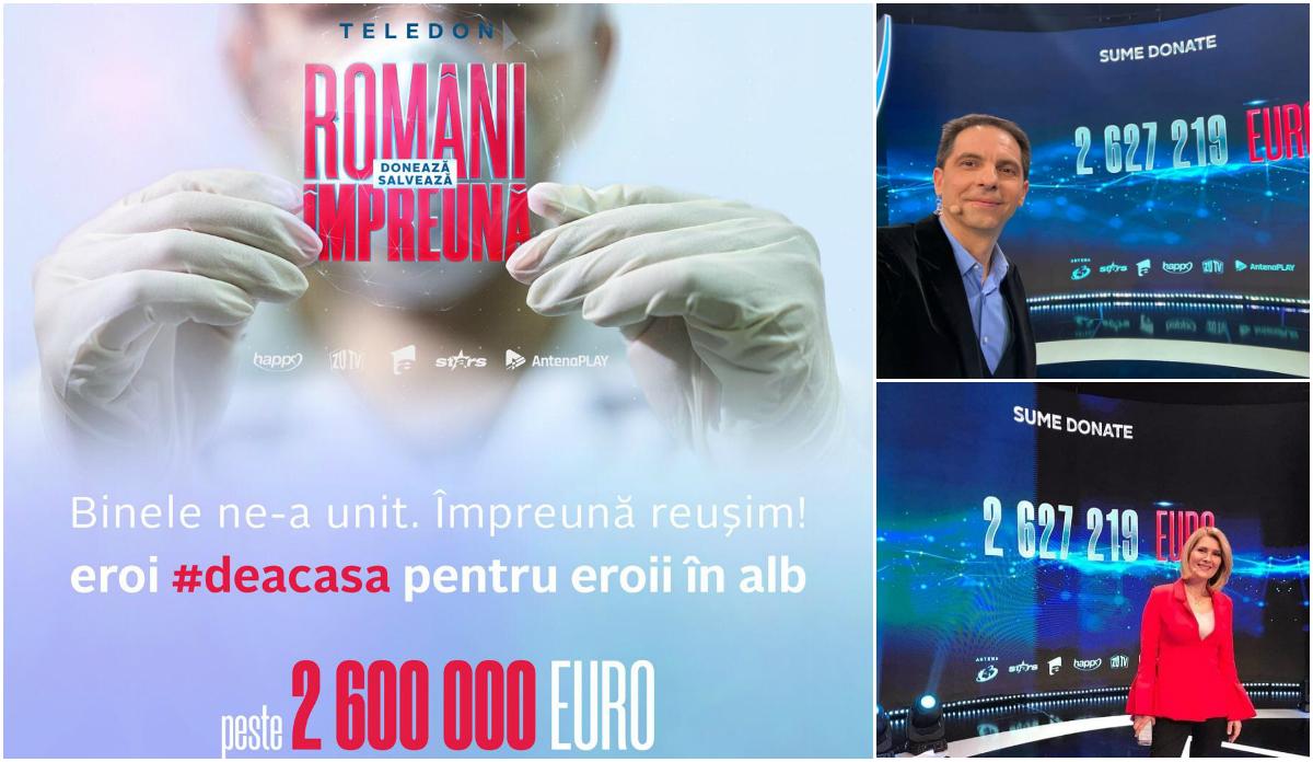 Peste 2.6 milioane de Euro s-au strâns în cadrul teledonului Români Împreună, organizat de Antena 1, Antena Stars, Happy Channel, ZU TV, Antena 3 şi Fundaţia Mereu Aproape şi suma nu se opreşte aici